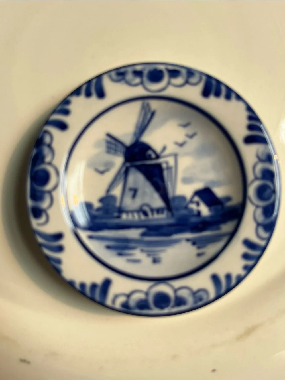 Blue and White Delft-Style Windmill Decorative Plate